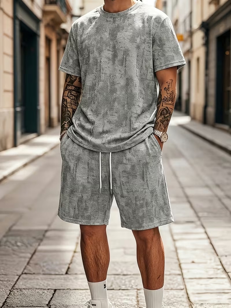 Men’s Distressed Print Casual 2-Piece Set
