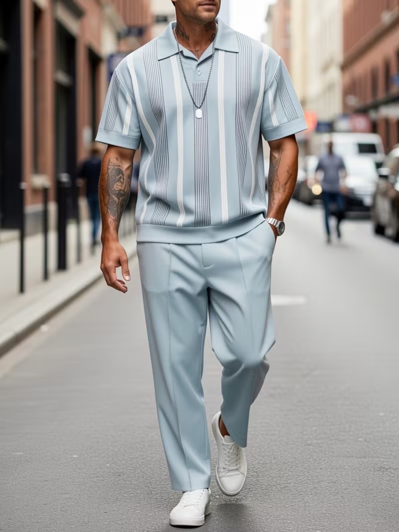 Men’s Striped Polo Relaxed Fit 2-Piece Set